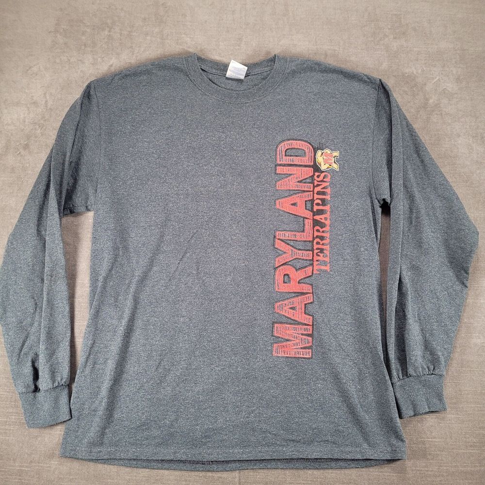Maryland Terrapins Vintage Long Sleeve Gray Shirt‎ Gildan Tag Cotton Sz Large